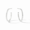 A pair of silver hoop earrings with a row of clear pavé-set stones, displayed on a clean white background with soft shadows.