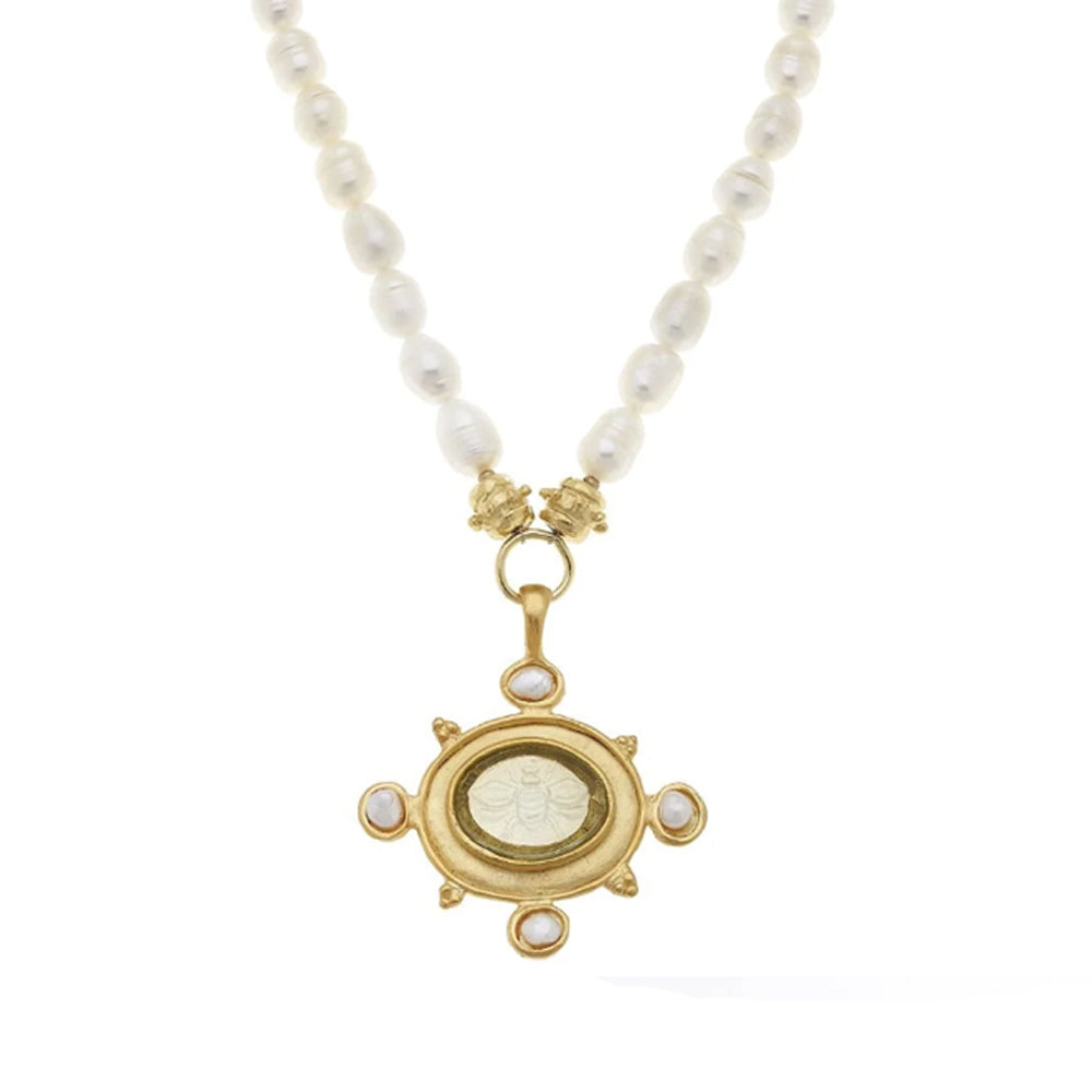 Venetian Glass Bee Intaglio Pearl Necklace