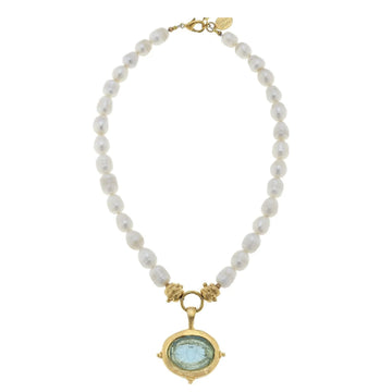 Aqua Venetian Glass Bee Intaglio on Pearls