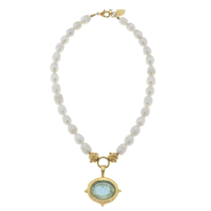 Aqua Venetian Glass Bee Intaglio on Pearls
