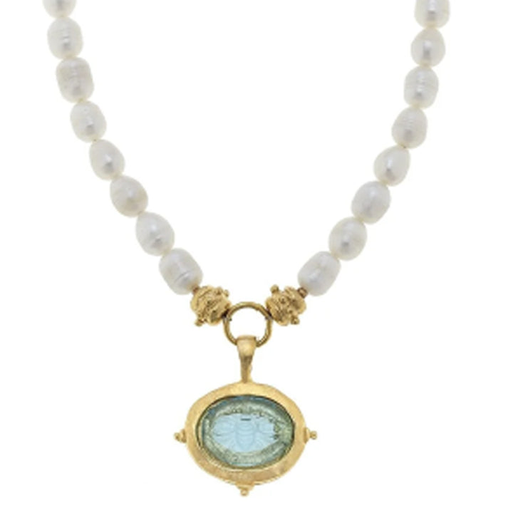 Aqua Venetian Glass Bee Intaglio on Pearls
