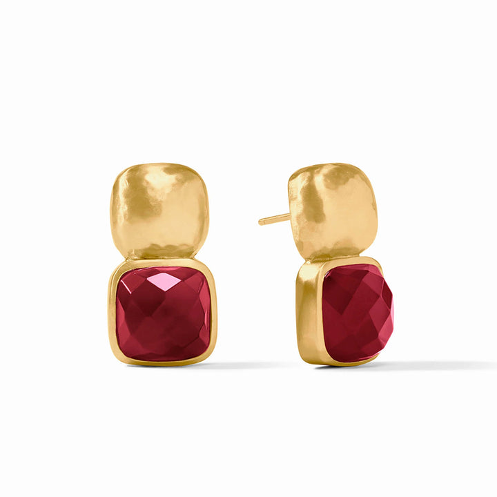 Catalina earrings in 24k gold vermeil with a hammered finish and faceted red semi-precious stones, 1 inch long.