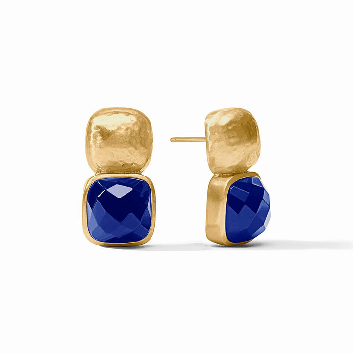 Catalina earrings in 24k gold vermeil with a hammered finish and faceted blue semi-precious stones.