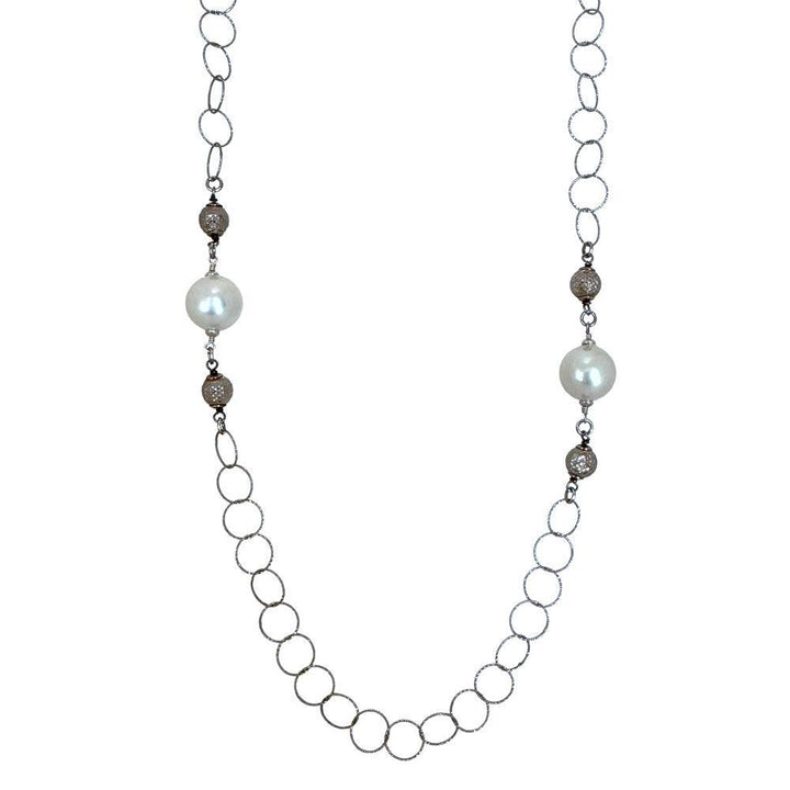 Silver Link Chain with Stationed Pearls-Majorica Pearls-Swag Designer Jewelry