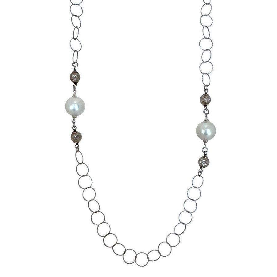 Silver Link Chain with Stationed Pearls-Majorica Pearls-Swag Designer Jewelry