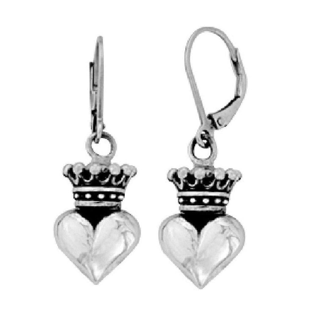 Small Silver Crowned Heart Lever Back Earrings-King Baby Studio-Swag Designer Jewelry