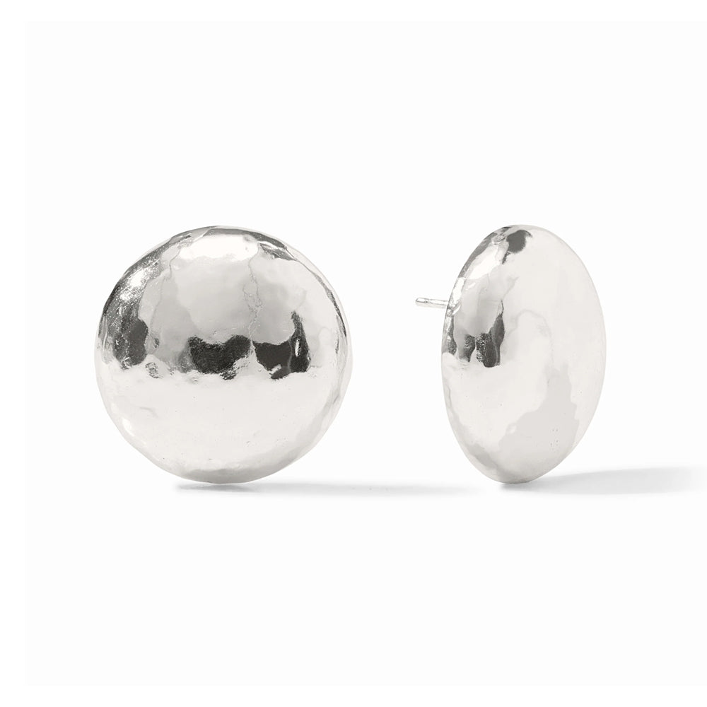 Hammered silver-plated Solara statement stud earrings with a round, reflective design and post backs.