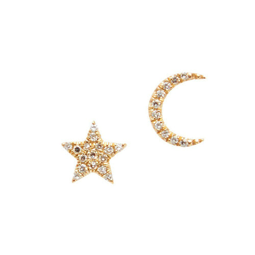 Star and Moon Yellow Gold Diamond Stud Earrings-Liven Co-Swag Designer Jewelry