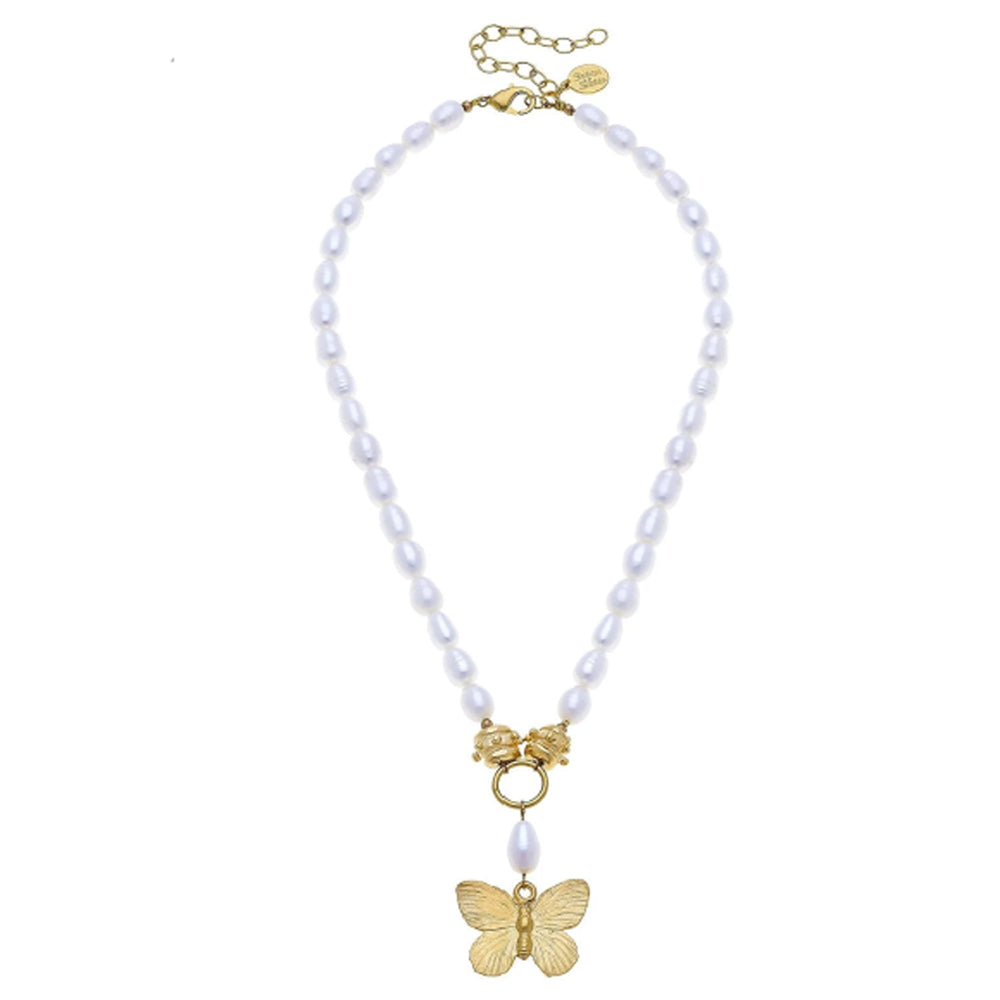 24k gold butterfly pendant necklace on a strand of genuine white freshwater pearls with a gold lobster clasp.