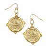 Hand-cast gold-plated equestrian coin dangle earrings with wire closures, featuring a horse and rider design.