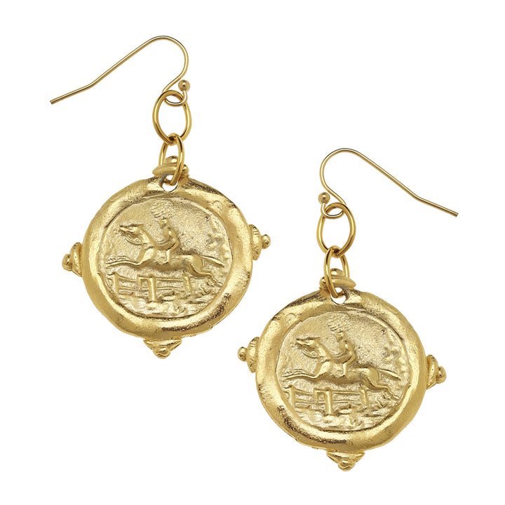 Hand-cast gold-plated equestrian coin dangle earrings with wire closures, featuring a horse and rider design.