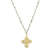 24k gold-plated Holy Family cross pendant on a dainty genuine shell pearl chain necklace.