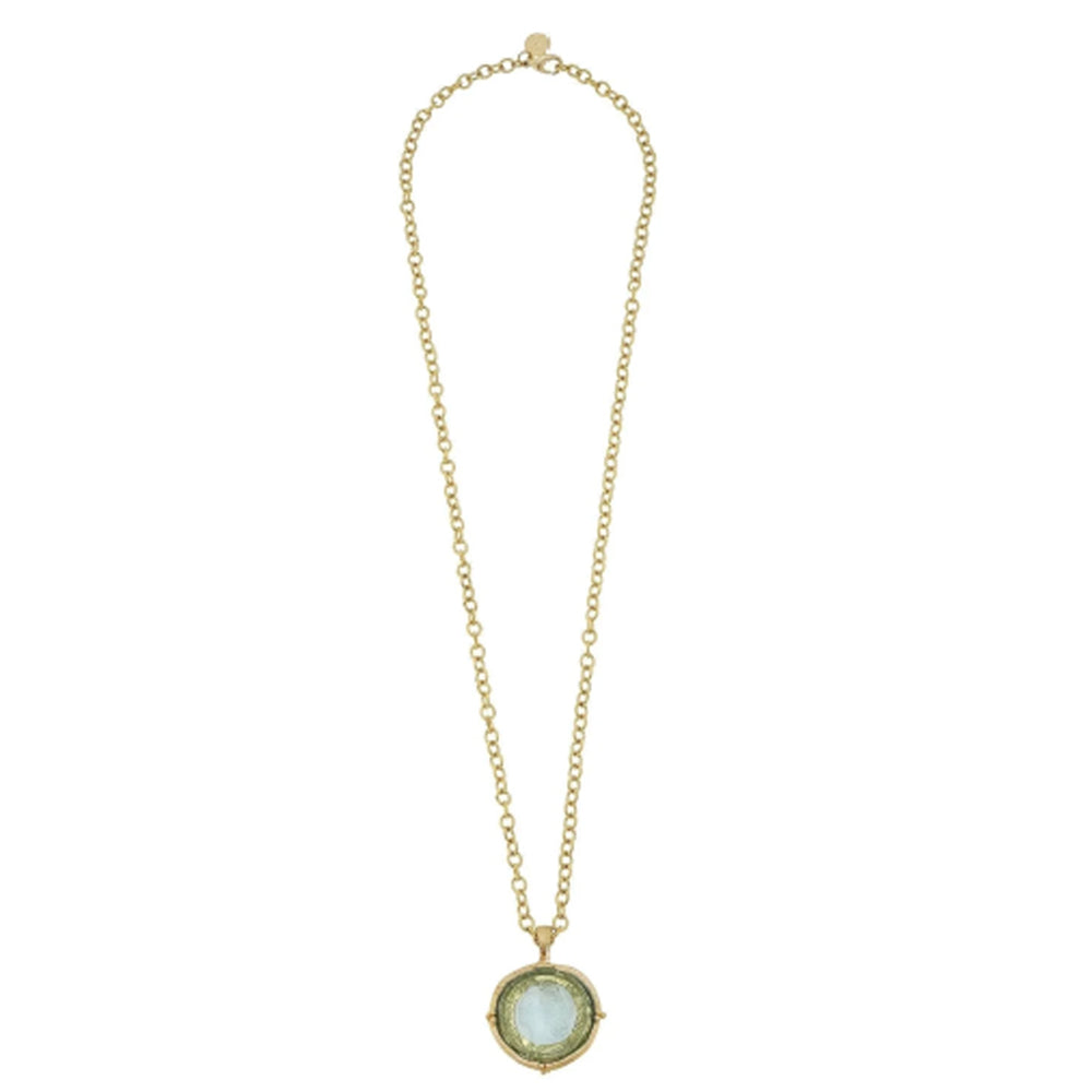 30-inch 24k gold-plated chain necklace featuring a round, light green Venetian glass coin intaglio pendant.