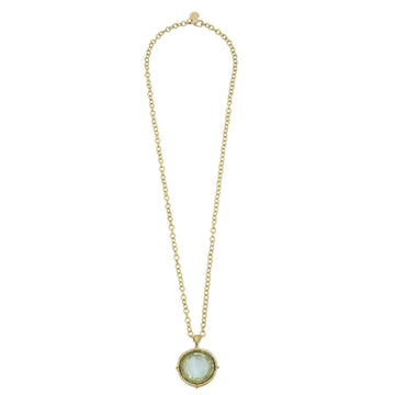 30-inch 24k gold-plated chain necklace featuring a round, light green Venetian glass coin intaglio pendant.