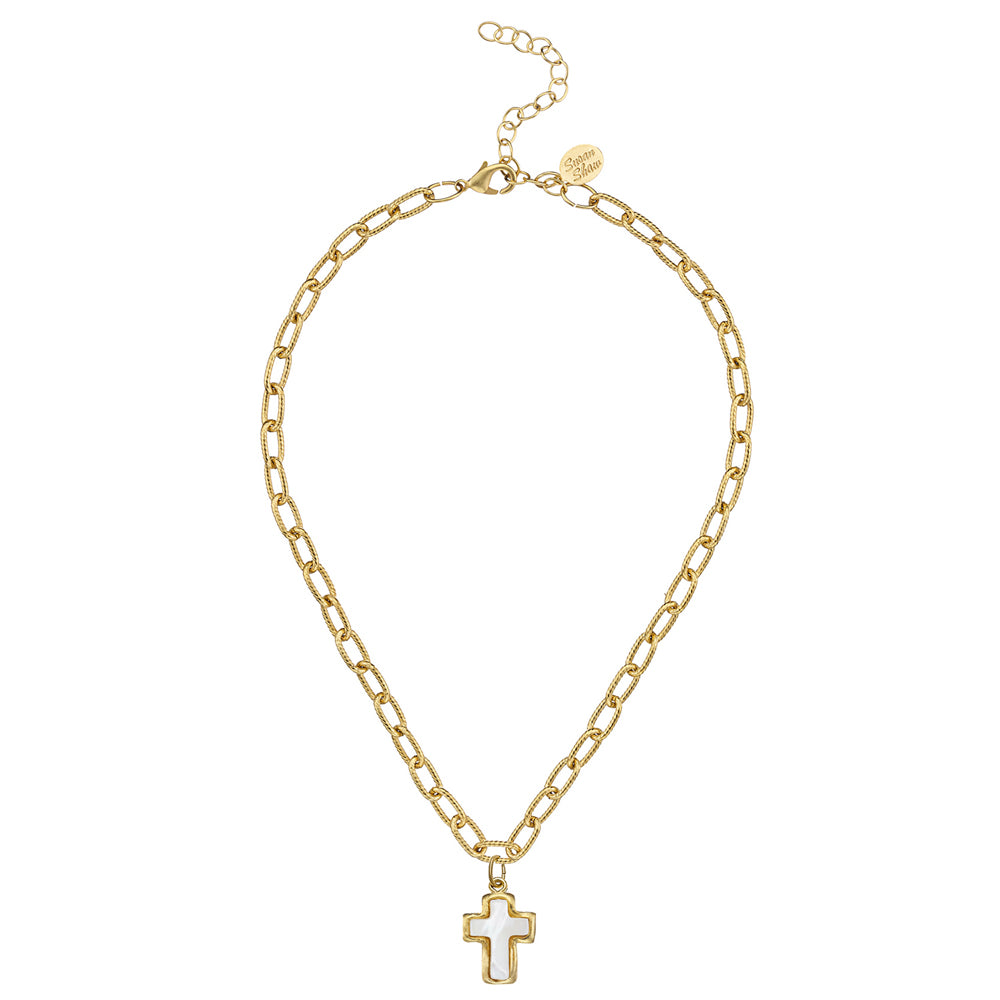 Gold-plated chain necklace with a white mother of pearl cross pendant, 16-inch length with a 3-inch extender.