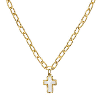 Gold-plated chain necklace featuring a white mother of pearl cross pendant, 16 inches long with a 3-inch extender.