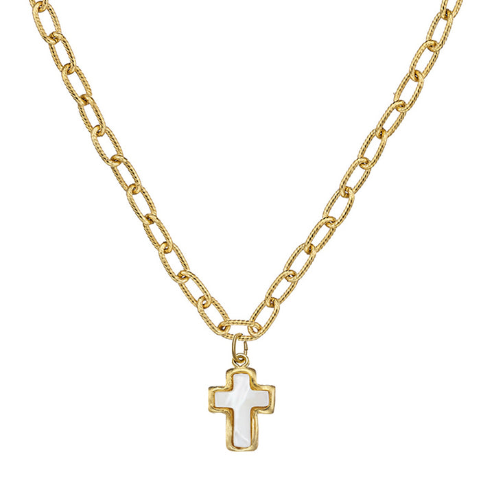 Gold-plated chain necklace featuring a white mother of pearl cross pendant, 16 inches long with a 3-inch extender.