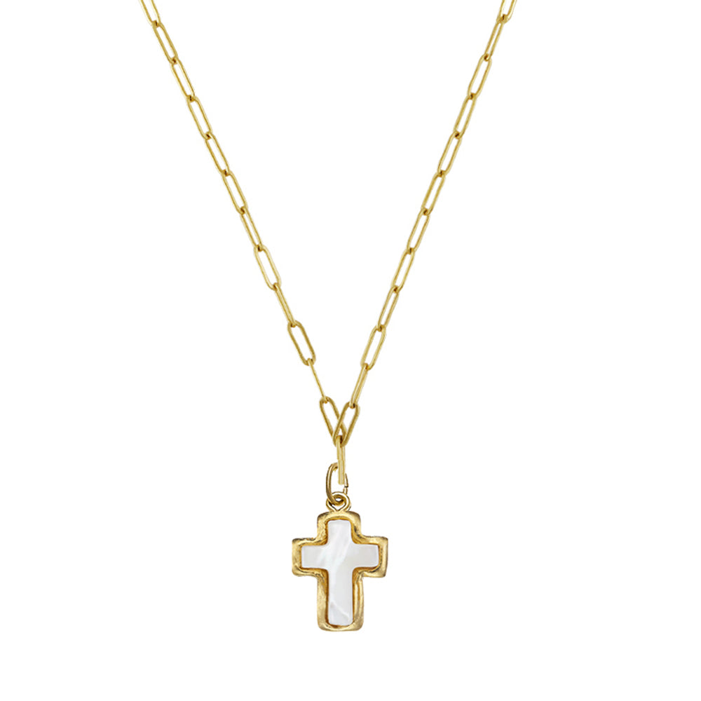 Gold-plated paperclip chain necklace featuring a white mother of pearl cross pendant set in a gold bezel.