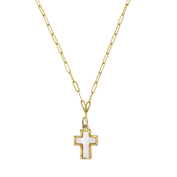 Gold-plated paperclip chain necklace featuring a white mother of pearl cross pendant set in a gold bezel.