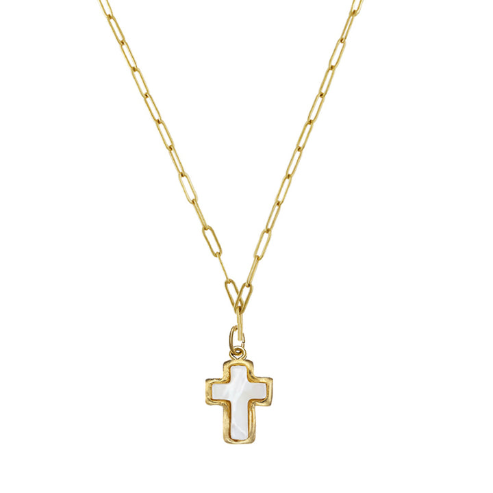 Gold-plated paperclip chain necklace featuring a white mother of pearl cross pendant set in a gold bezel.