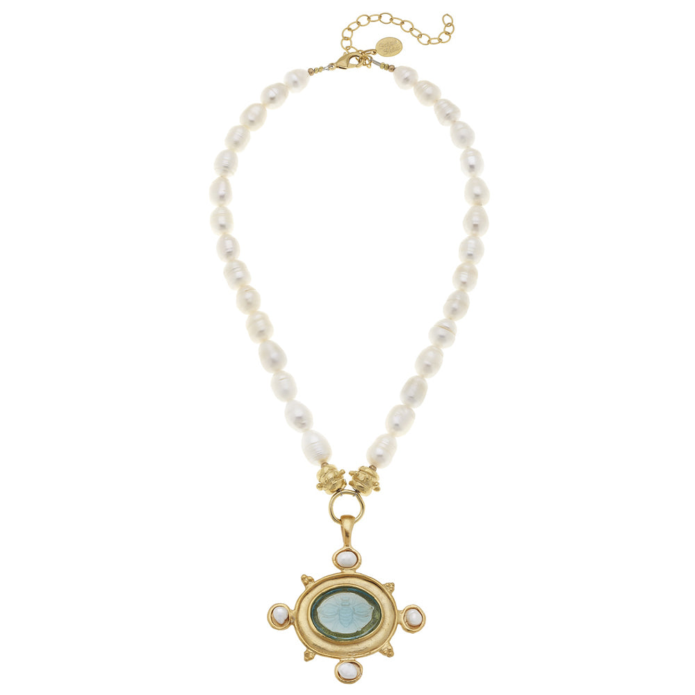 Aqua Venetian glass bee intaglio pendant on a freshwater pearl necklace with gold-plated accents and extender.
