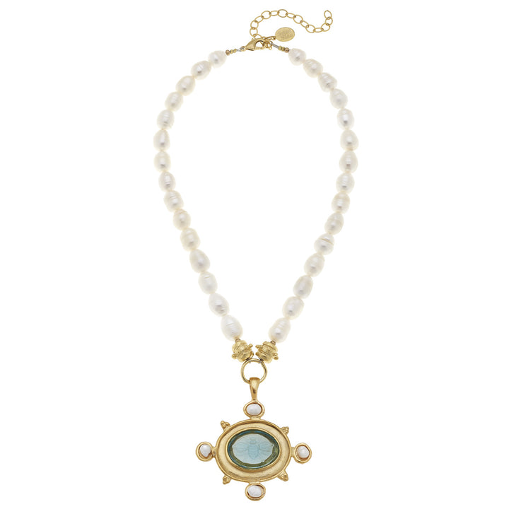 Aqua Venetian glass bee intaglio pendant on a freshwater pearl necklace with gold-plated accents and extender.
