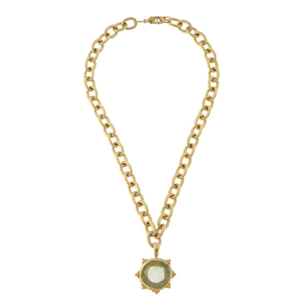 Clear Venetian glass fleur-de-lis intaglio pendant on a gold-plated chunky chain necklace, 18 inches long.