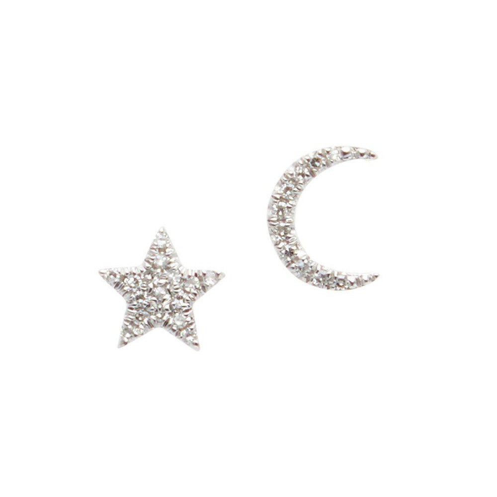 Tiny Star and Moon White Gold Stud Earrings-Liven Co-Swag Designer Jewelry