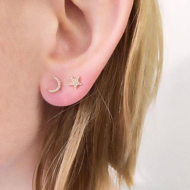 Tiny Star and Moon Yellow Gold Diamond Studs-Liven Co-Swag Designer Jewelry