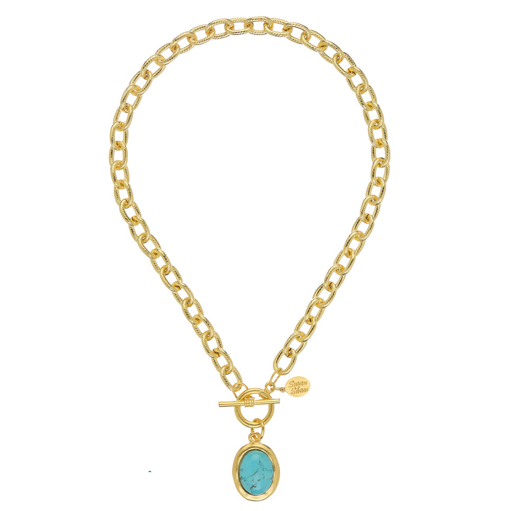 Turquoise Cabochon Necklace on Link Chain-Susan Shaw-Swag Designer Jewelry