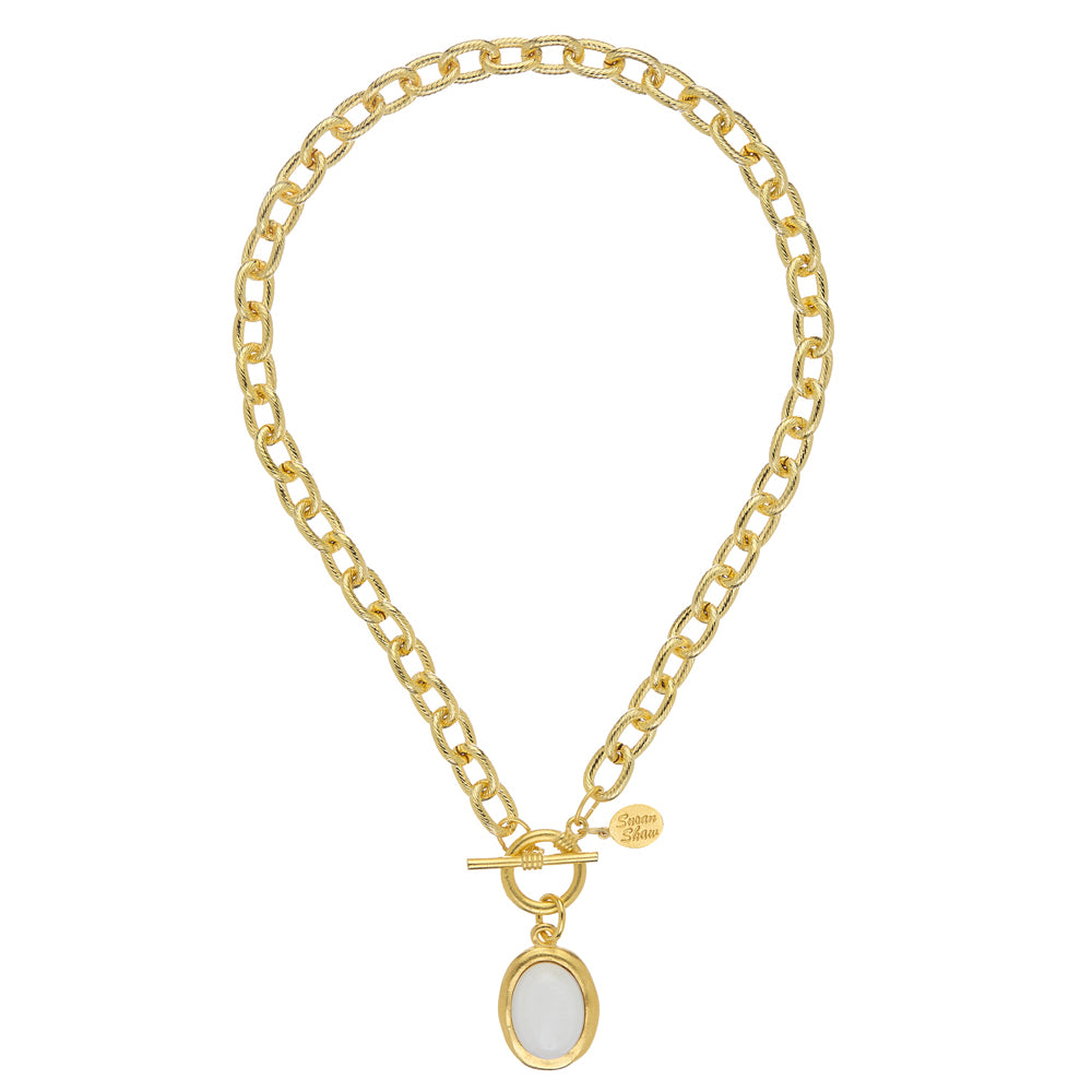 White Agate Cabochon Necklace on Link Chain-Susan Shaw-Swag Designer Jewelry