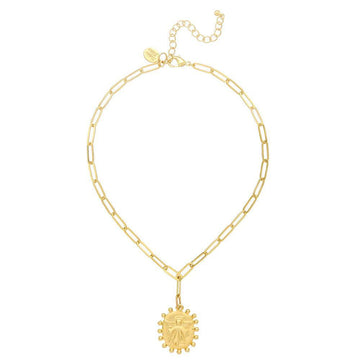 Gold angel pendant necklace with paperclip chain.
