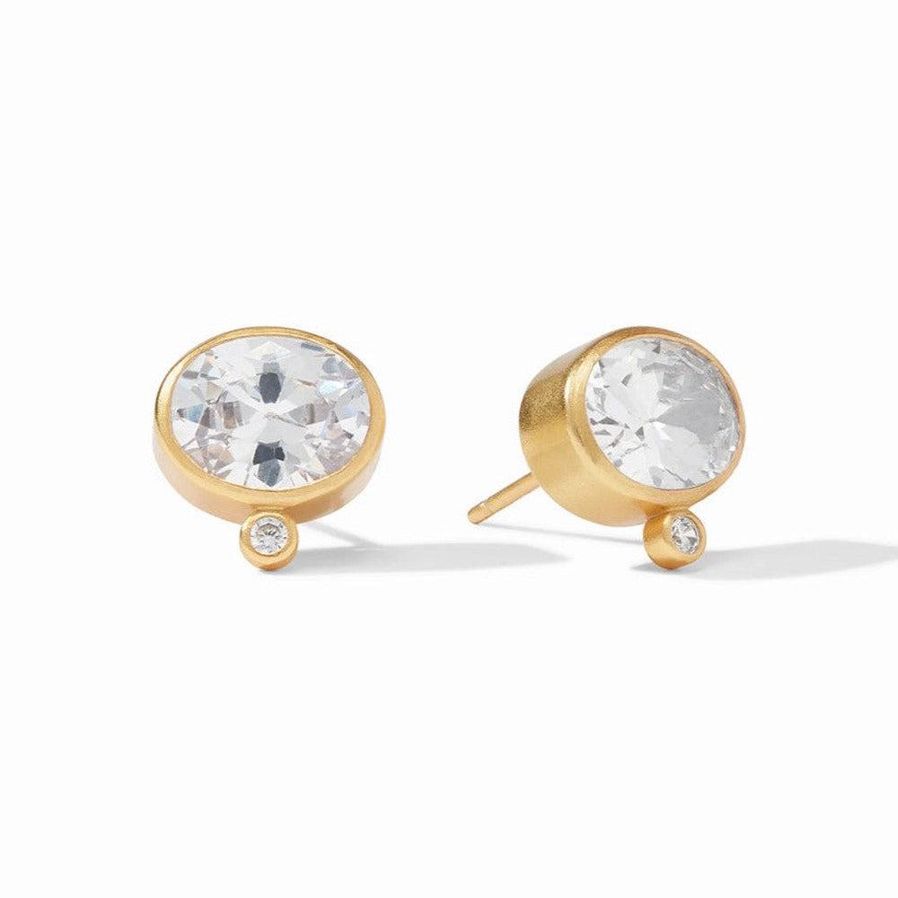 Antonia Stud Earrings: Gold-plated, oval clear cubic zirconia with smaller accent stone.
