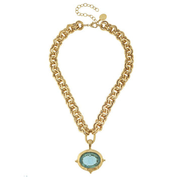 Gold chain necklace with light blue Venetian glass bee pendant.
