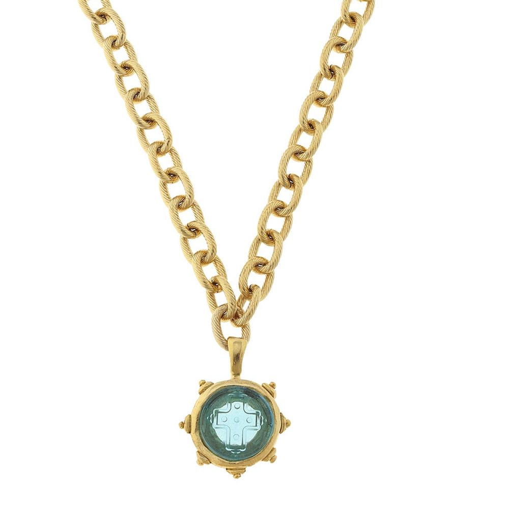 Aqua Venetian Glass Cross Pendant necklace with gold chain
