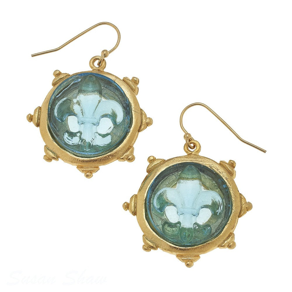 Aqua Venetian Glass Fleur De Lis Earrings-Susan Shaw-Swag Designer Jewelry