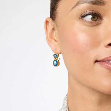 Gold drop earrings featuring two blue gemstones.

