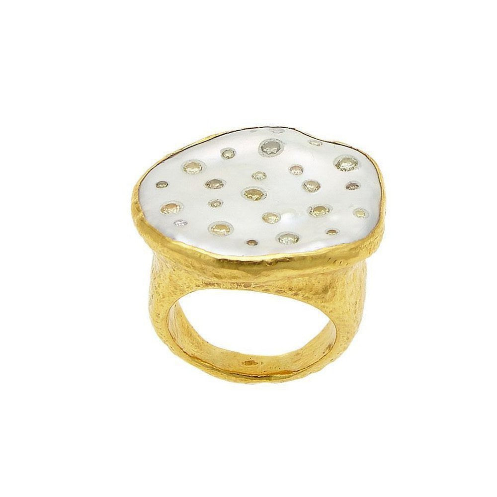 Ara 24k Gold Mabe Pearl and Diamond Ring Size 7-Ara 24k Gold-Swag Designer Jewelry