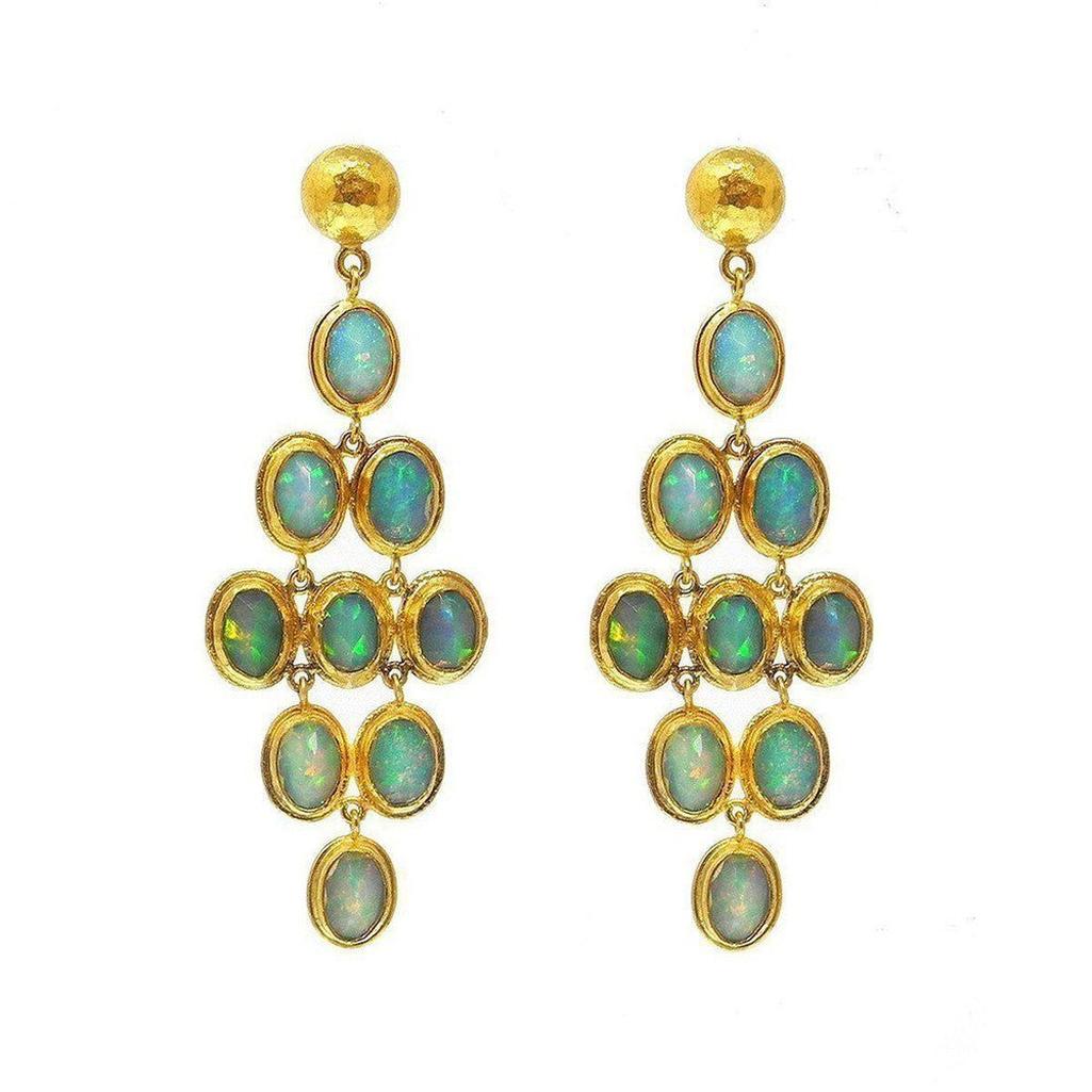 Ara 24k Gold Opal Statement Earrings:  Elegant chandelier design featuring multiple opal stones in 24k gold settings.
