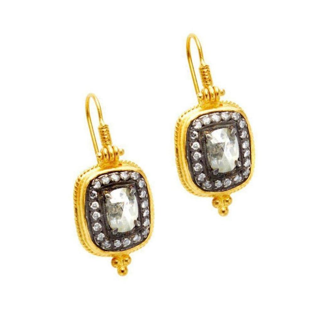 Ara 24k Gold Rose Cut Diamond Framed Earrings:  Square gold frames, rose cut diamonds, elegant design.
