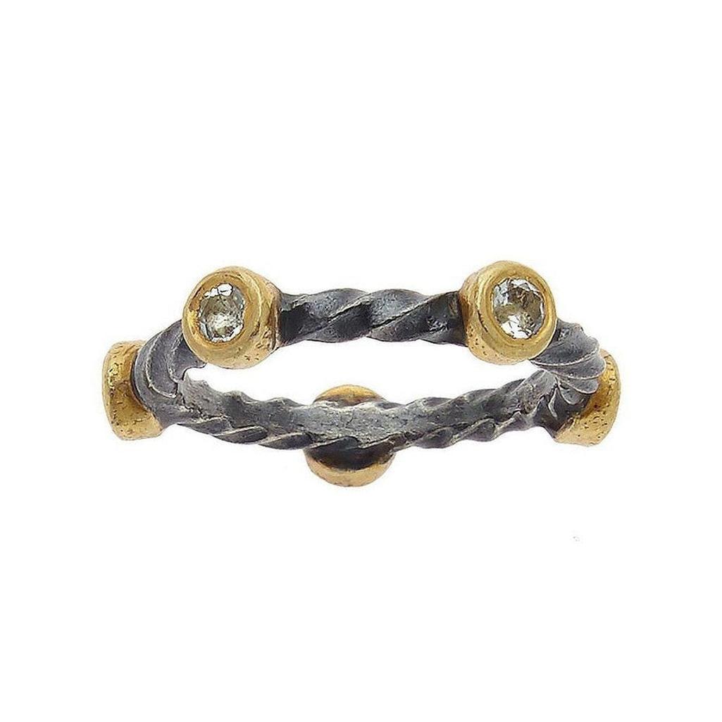 Ara 24k Twisted Diamond Band: Oxidized silver & 24k gold band with bezel-set diamonds.

