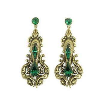Auden Remy earrings: antique gold filigree, emerald green crystal accents.
