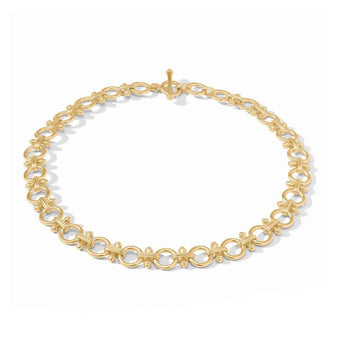 Gold bamboo link necklace with textured detailing, shown on white background.
