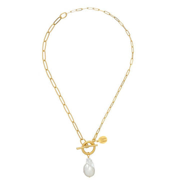 Gold paperclip chain necklace featuring a baroque pearl pendant.
