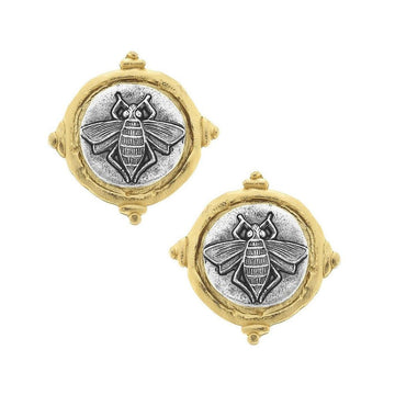 Bee Intaglio clip earrings: silver bee design on gold setting.

