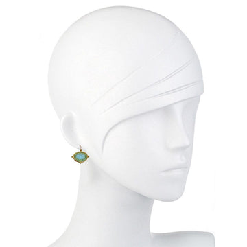 Gold dangle earrings featuring a light blue oval stone.
