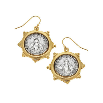 Bee Italian Coin earrings: Gold-tone and silver-tone bee coin design.
