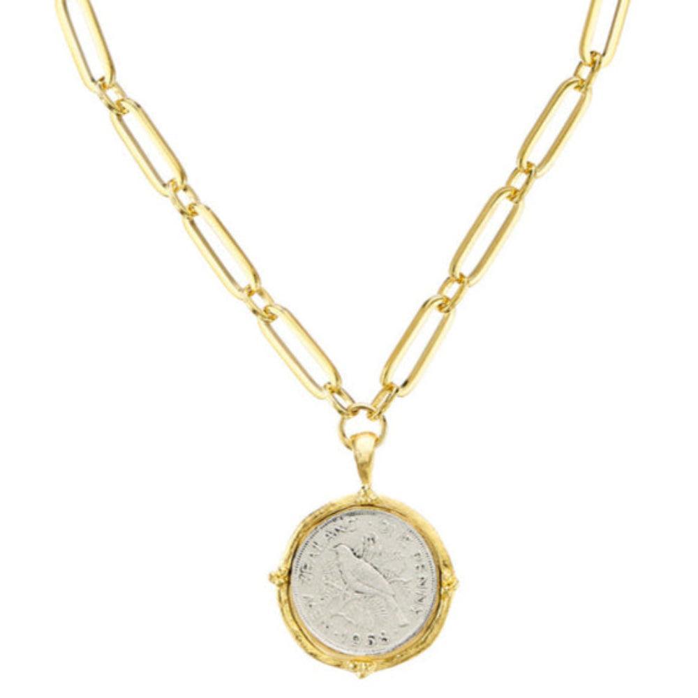 Gold paperclip chain necklace featuring a vintage bird pendant.
