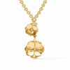 Gold Bloom lariat necklace with two textured flower charms.
