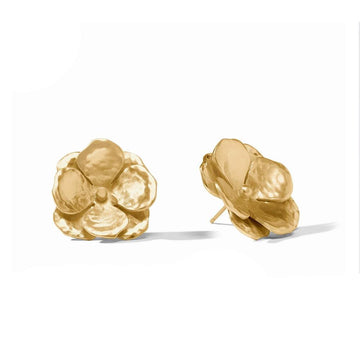 Gold Bloom Statement stud earrings; textured floral design.
